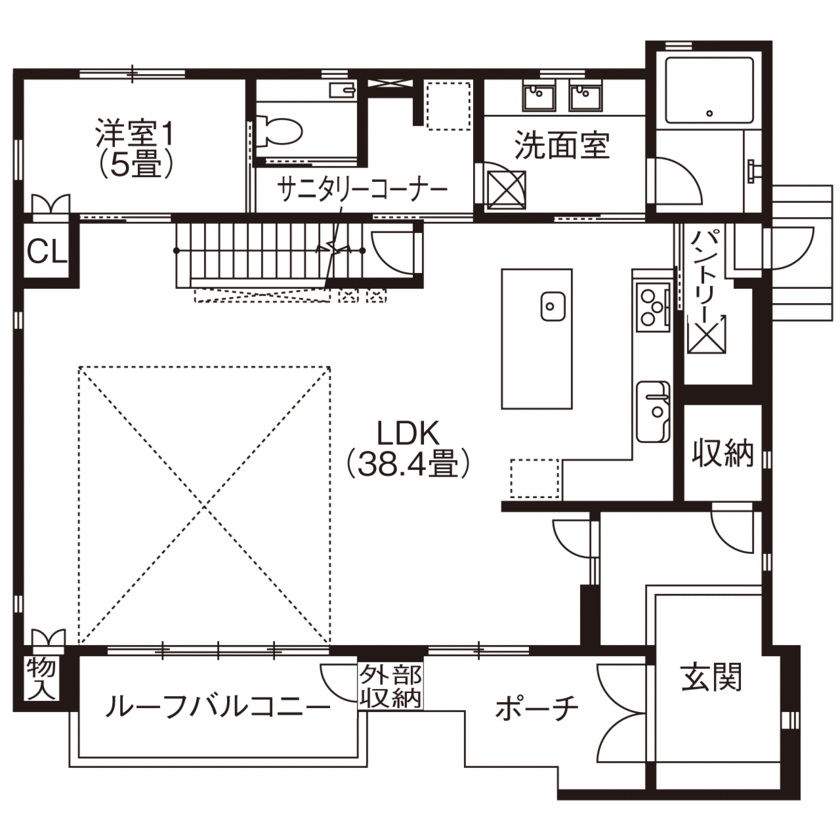 山万（京成本線、京成千葉線、JR総武線沿線を中心とした地域） 【67坪｜ビルトインガレージ2台分｜4LDK】吹き抜けやアイランドキッチン…土地紹介からすべてを叶えた邸宅の間取り図（4LDK）1階