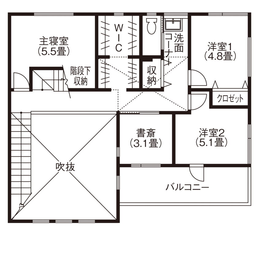 山万（京成本線、京成千葉線、JR総武線沿線を中心とした地域） 【3000万円台｜42坪｜吹き抜け｜3LDK】家族でゆったり、開放感に包まれたLDK。家事のしやすさも注目の間取り図（3LDK）2階