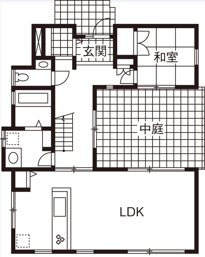 ミサワホーム 空へ抜ける中庭を囲む大開口サッシ　南北から光あふれる高天井のＬＤＫの間取り図null１階