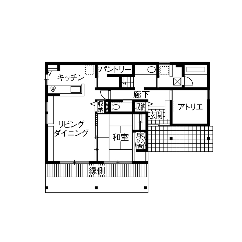 ミサワホーム 【20代/書斎/間取り図有】伝統的な和の趣と、モダンなスタイルが調和する、20代夫婦が実現した住まいの間取り図（5K以上）1階