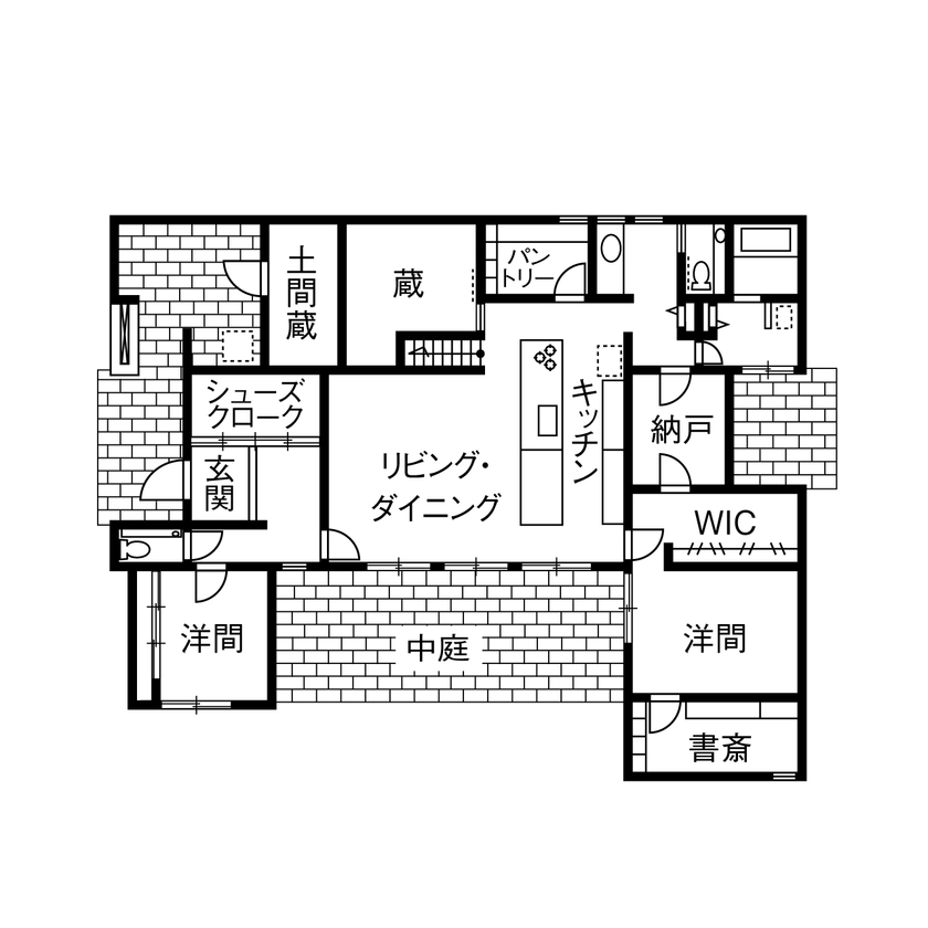 ミサワホーム 【蔵のある家/大収納/中庭】生活空間を美しく保つ収納計画と、細部まで整えられたシンプルデザインの間取り図（3LDK）1階