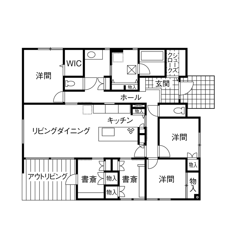 ミサワホーム 【大収納/30坪/高天井】子育て夫婦が選んだ平屋スタイル。自然を身近に楽しむ、庭とウッドデッキのある生活の間取り図（5K以上）1階