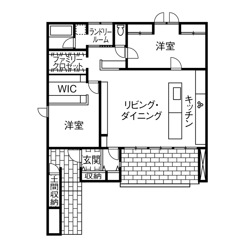 ミサワホーム 【平屋／30坪台／天井高約３m】大きな窓の開放感とプライバシーが両立する暮らしの間取り図（2LDK）1階