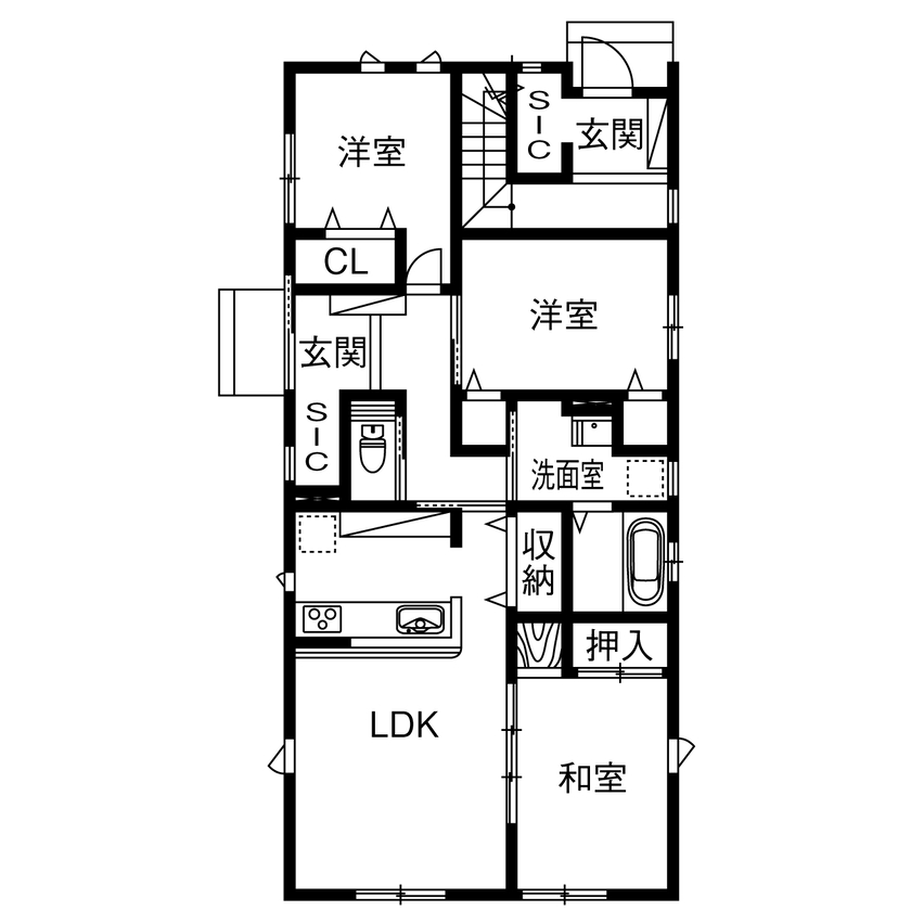 タクトホーム 【1000万円台／二世帯住宅／ペット／間取図】人もペットも快適に！家族みんなの笑顔を大切にした二世帯住宅の間取り図（3LDK+2LDK+SIC+WIC）1階