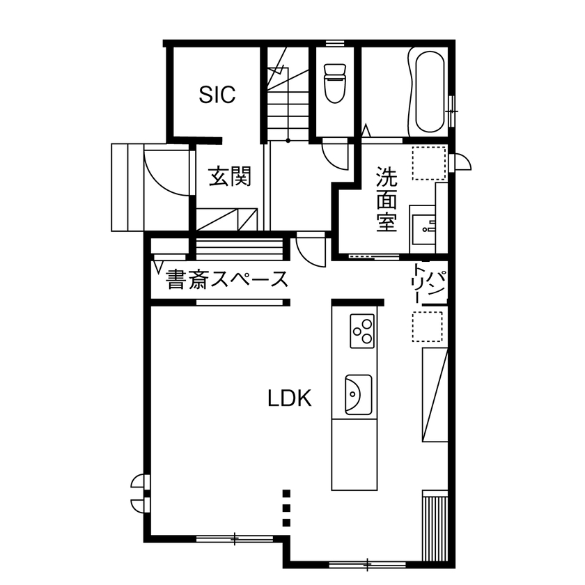 タクトホーム 【1000万円台／家事動線／収納充実／間取図】デザイン性を重視し、「お洒落であること」を追求した住まいの間取り図（3LDK+書斎+WIC+SIC）1階