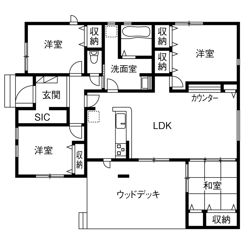 タクトホーム 【1000万円台／平屋／延床29.1坪／間取図】広い敷地を活かし、ストレスフリーな暮らしを実現する平屋の間取り図（4LDK）1階