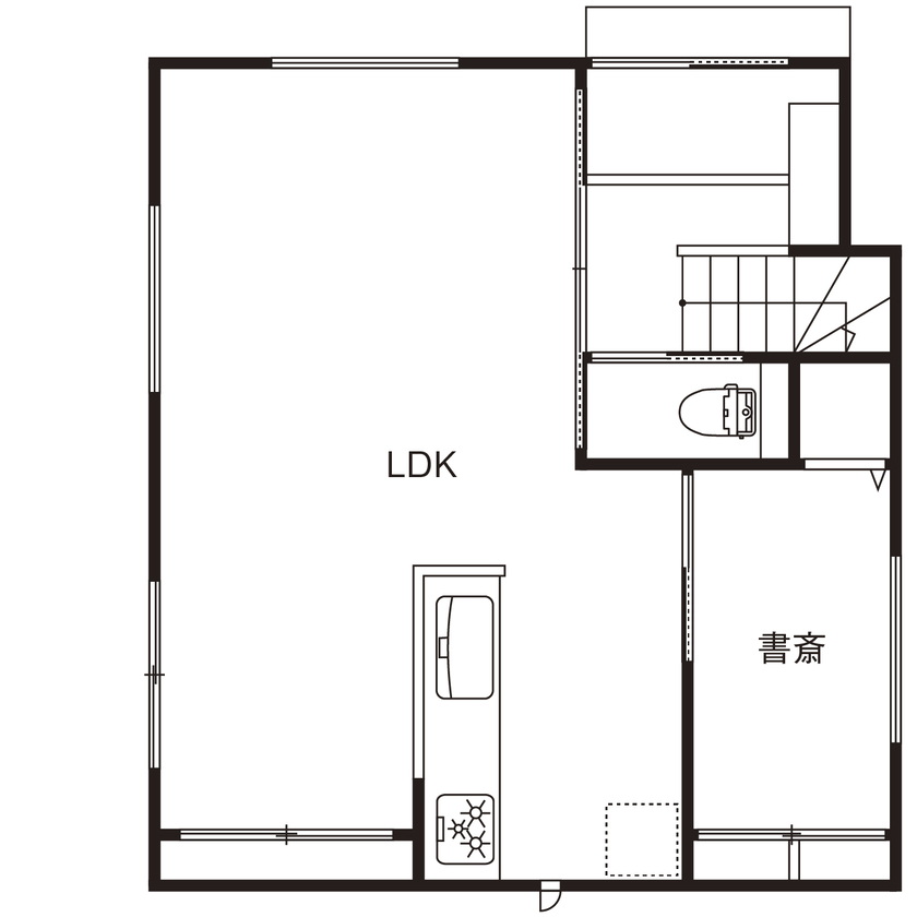 アルホームサービス（シンプルノート茨木・高槻スタジオ） 茨木市｜1700万円台｜狭小地｜間取り図あり｜広々リビングが自慢のコンパクトハウスの間取り図（２LDK＋書斎）1階