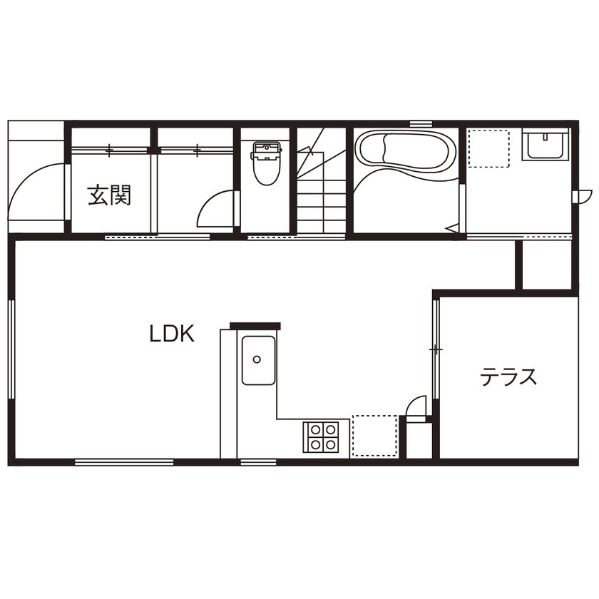 アルホームサービス（シンプルノート茨木・高槻スタジオ） 大阪市｜狭小地｜間取り図あり｜キッチンとテラスが一体につながる、外ごはんを楽しめる家の間取り図（2LDK）1階