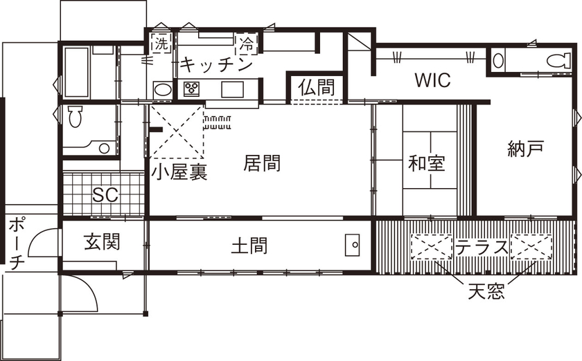 WABIKA/廣神建設（ひろかみけんせつ） 【3,372万円】自然も人もおおらかに迎え呼び寄せる、土間のある平屋の暮らしの間取り図（2LDK）１階
