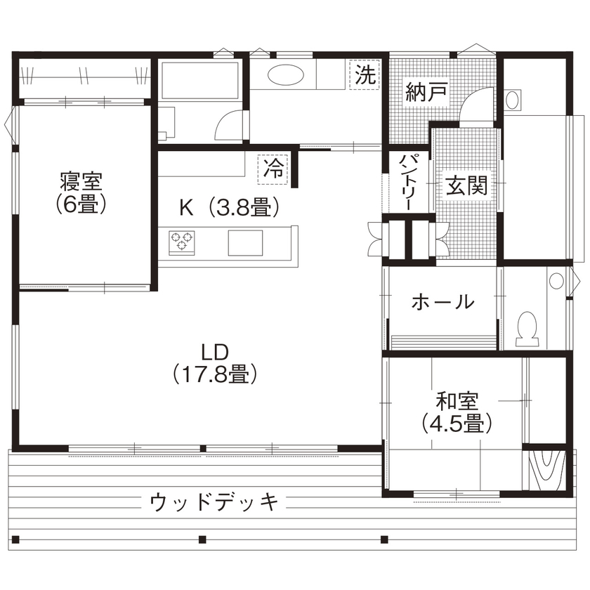 WABIKA/廣神建設（ひろかみけんせつ） 【平屋/2,057万円】大自然と共にスローライフを満喫。緑を愛で、癒される平屋の暮らしの間取り図（2LDK）１階