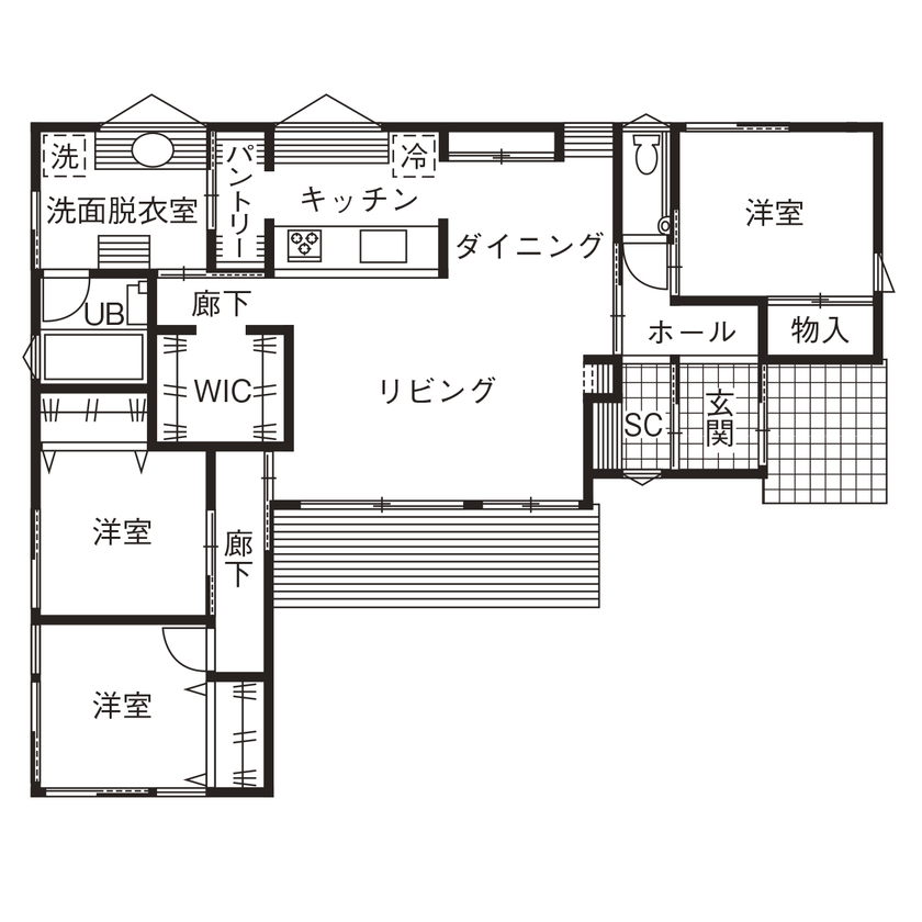 WABIKA/廣神建設（ひろかみけんせつ） 【2,487万円/平屋】家事が楽しくなる工夫が詰まった心地よい和モダンの住まいの間取り図（3LDK）1階