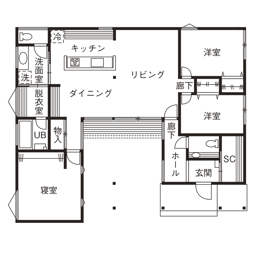 WABIKA/廣神建設（ひろかみけんせつ） 【2,741万円/平屋】家族のプライベート空間を満喫できる中庭と豊かに暮らすコの字型の家の間取り図（3LDK）1階