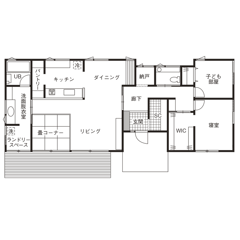 WABIKA/廣神建設（ひろかみけんせつ） 【本体価格2000万円台/28.8坪】庭とつながる広々デッキの平屋の間取り図（2LDK）1階