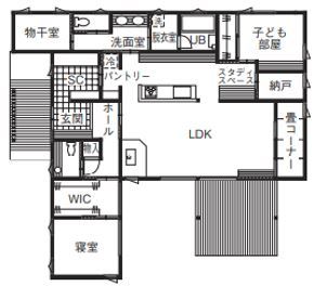 WABIKA/廣神建設（ひろかみけんせつ） 【本体価格2000万円台/35坪/平屋】光と陰を楽しむ和モダンの平屋の住まいの間取り図（3LDK）1階
