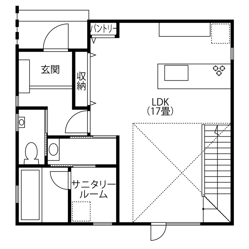 日沼工務店 【2000～2499万円】大きな吹抜で開放感いっぱい。オープン階段がお洒落！ゆったり広々、モノトーンのLDKの間取り図（3LDK）1階