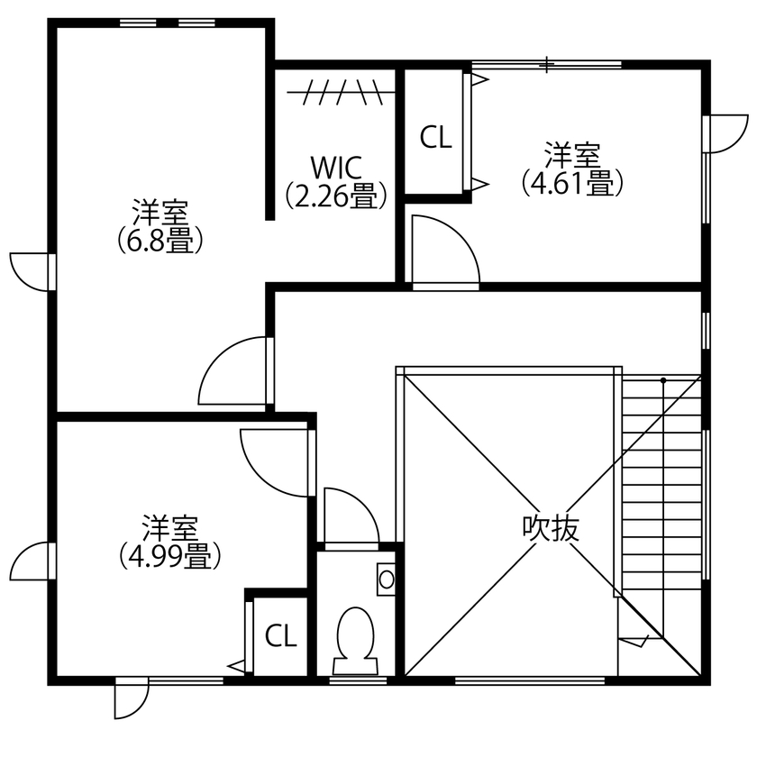 日沼工務店 【2000～2499万円】大きな吹抜で開放感いっぱい。オープン階段がお洒落！ゆったり広々、モノトーンのLDKの間取り図（3LDK）2階