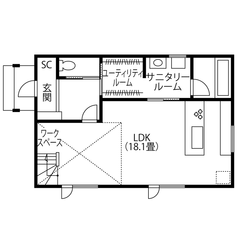 日沼工務店 【2000～2499万円】広く明るく、開放的なリビング。上部の吹抜窓から見える青空が外とのつながりを演出の間取り図（2LDK）1階