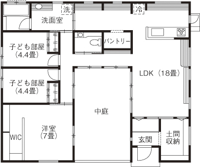 イシンホーム住宅研究会　大縄林業 【1500～1999万円台/間取り有/平屋】家事ラク間取り、未来への安心。住み心地にこだわったコの字の平屋の間取り図（3LDK）1階