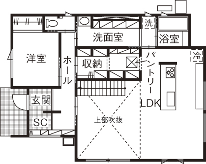 イシンホーム住宅研究会　大縄林業 【1500～1999万円台/間取り有】アットホームな対応が決め手！収納と動線がぐるっと繋がる、一年中快適な家の間取り図（5K以上）1階