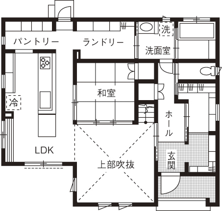 イシンホーム住宅研究会　大縄林業 【1500～1999万円台/間取り有】つながる動線×たっぷり収納が、がんばるママを応援！夏も冬も快適な家の間取り図（4LDK）1階
