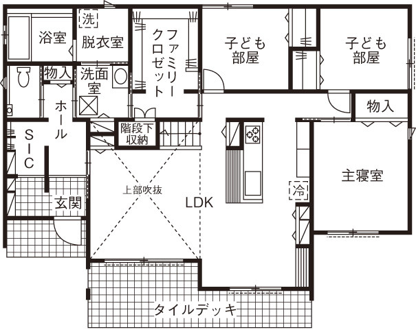 イシンホーム住宅研究会　大縄林業 【間取り有】参考にしたい！平屋＋ロフトの間取り。365日快適な北欧ヴィンテージの家の間取り図（3LDK）1階