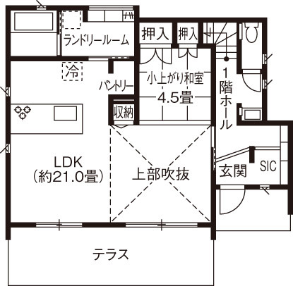イシンホーム住宅研究会　大縄林業 【間取り有】エアコン効率が良く、冬も夏も快適！家族と猫がくつろぐ吹き抜けのある家の間取り図（4LDK）1階