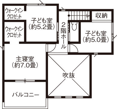 イシンホーム住宅研究会　大縄林業 【間取り有】エアコン効率が良く、冬も夏も快適！家族と猫がくつろぐ吹き抜けのある家の間取り図（4LDK）2階