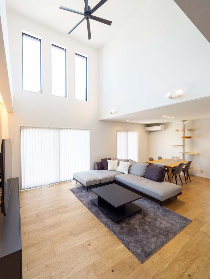 イシンホーム住宅研究会　大縄林業 【間取り有】エアコン効率が良く、冬も夏も快適！家族と猫がくつろぐ吹き抜けのある家の建築実例画像2