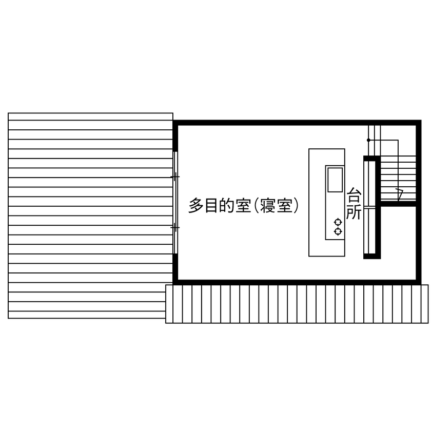 hoku archidesign 【別荘｜2000～2499万円｜1K｜建築家と建てる】柱のない大空間！おしゃれなバーカウンターのある家の間取り図（1K）2階