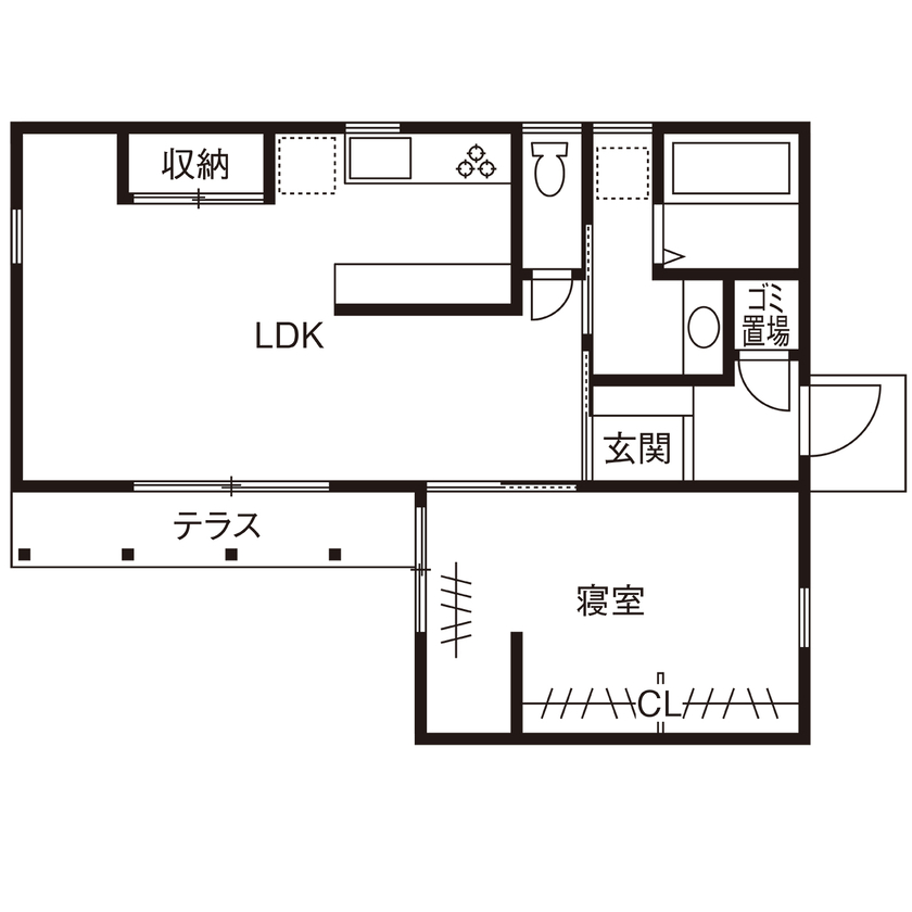 hoku archidesign 【間取図有｜1500～1999万円｜1LDK｜平屋｜建築家と建てる】コンパクトで暮らしやすいワンルームのような家の間取り図（1LDK）1階