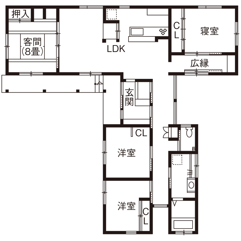 hoku archidesign 【間取図有｜4000万円以上｜4LDK｜平屋｜建築家と建てる】古材や古建具も活かしたT字型の二世帯住宅の間取り図（4LDK）1階