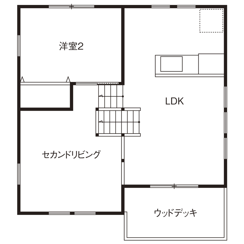 アクロスホーム 【BinO/上田市/スキップフロア/1000万円台/間取り有】小さく建てて豊かに暮らす。アイデアいっぱいの家！の間取り図（2LDK＋プラスα）２階