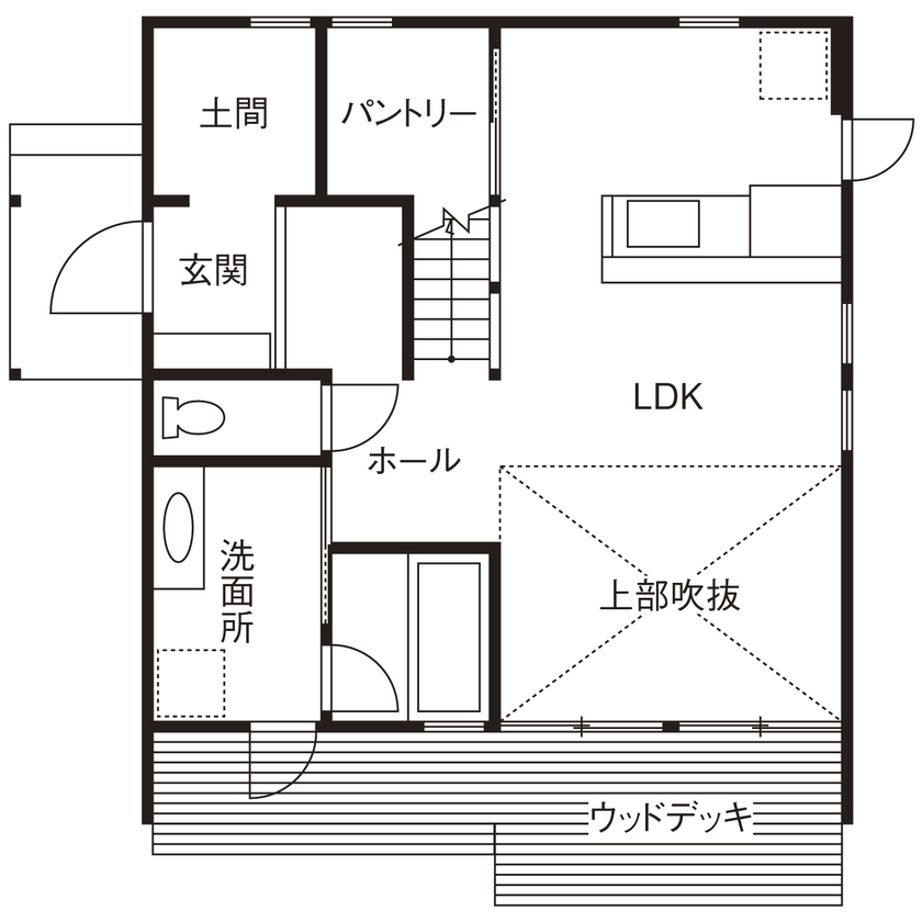 アクロスホーム 【BinO/2000万円台/29坪/間取り有】発想は「平屋×平屋」。大きな窓で自然とつながるアメリカンな２階建ての間取り図（2LDK＋フリースペース）１階