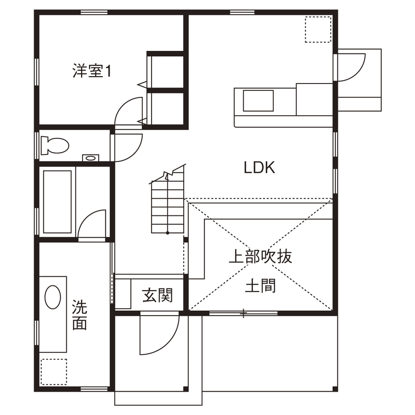 アクロスホーム 【BinO/上田市/1000万円台/間取り有/薪ストーブ】楽しい暮らし！大人インダストリアル「平屋＋ロフト」の家の間取り図（3LDK＋小屋裏収納）１階