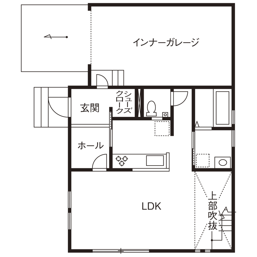 アクロスホーム 【ゼロキューブ/2000万円台/間取り有】規格住宅のイメージが変わる！北欧ヴィンテージのガレージハウスの間取り図（3LDK）１階