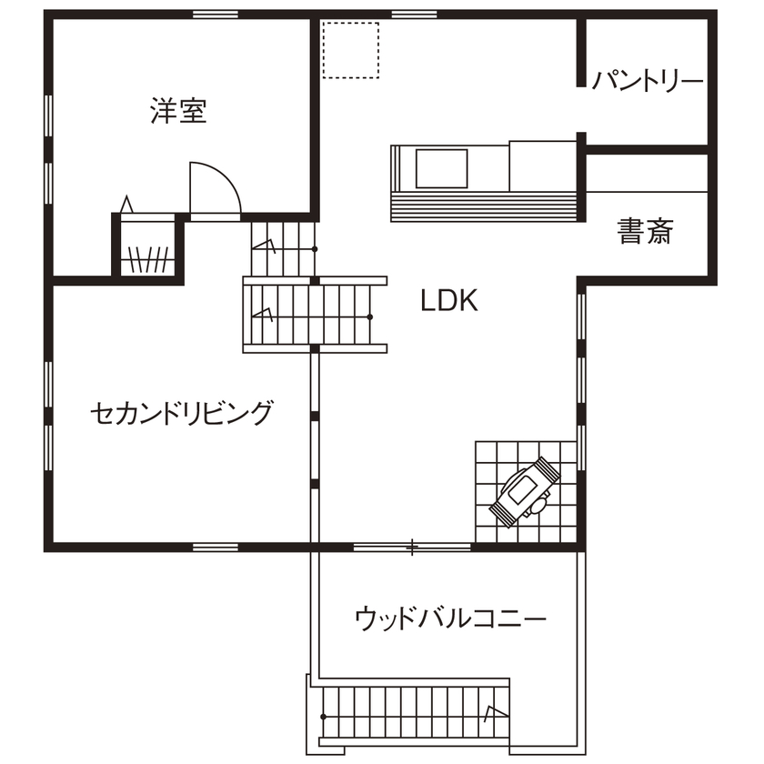 アクロスホーム 【BinO/スキップフロア/2000万円台/間取り有/ガレージ/薪ストーブ】 毎日がワクワクするって理想じゃない？の間取り図（3LDK）２階