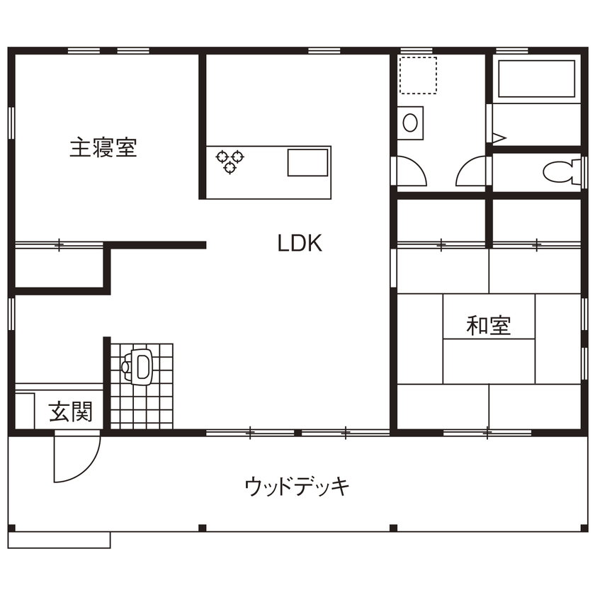 アクロスホーム 【BinO/軽井沢/別荘/移住/平屋/1000万円台/間取り有】ローメンテの平屋で緑に囲まれて暮らす幸せの間取り図（2LDK）１階