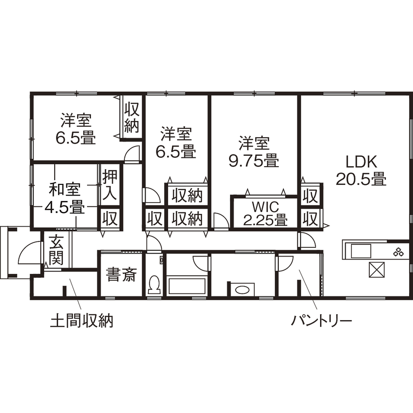 コタエルハウス（山岸工業） 【2000万円台/30坪台/間取り図/平屋】20畳の広々リビングでゆったり過ごす。お家グランピングのような毎日の間取り図（4LDK）1階