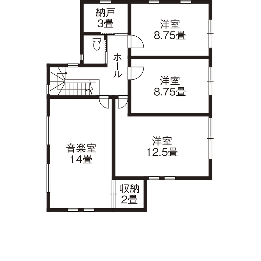 コタエルハウス（山岸工業） 【音楽室／間取り図】「この動線理想通り！」と感動した動線とたっぷりとした収納で住み心地はバツグンの間取り図（5K以上）2階