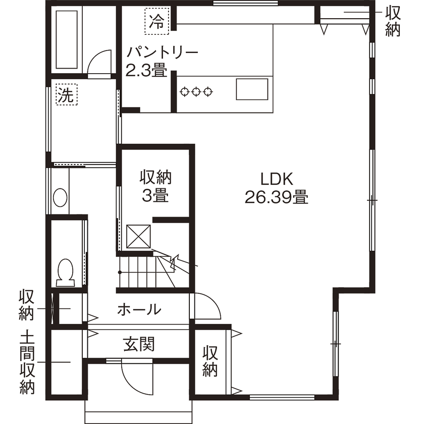 コタエルハウス（山岸工業） 【テクノストラクチャー／40坪台／間取り図】動線や収納の工夫で家事を時短。大切な家族の時間を楽しむ家にの間取り図（4LDK＋S）1階