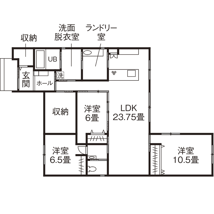 コタエルハウス（山岸工業） 【平屋／30坪台／間取り図】歳を重ねてもストレスなく快適に！ゆとりを重視した平屋の住まいの間取り図（3LDK＋S）1階