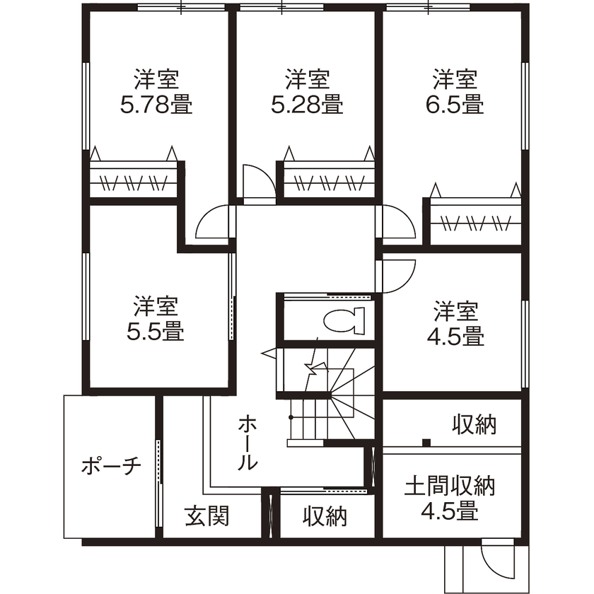 コタエルハウス（山岸工業） 【40坪台/間取図/2階リビング/回遊動線】プライバシーと開放感を両立！リビングを中心に家族の絆が深まる家の間取り図（5K以上）1階