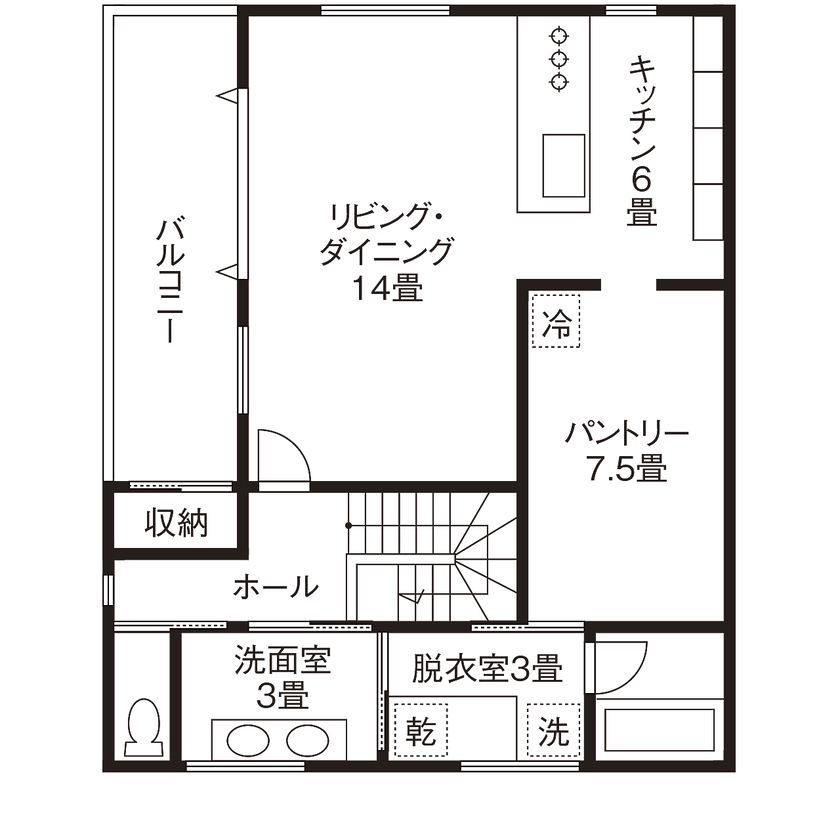 コタエルハウス（山岸工業） 【40坪台/間取図/2階リビング/回遊動線】プライバシーと開放感を両立！リビングを中心に家族の絆が深まる家の間取り図（5K以上）2階