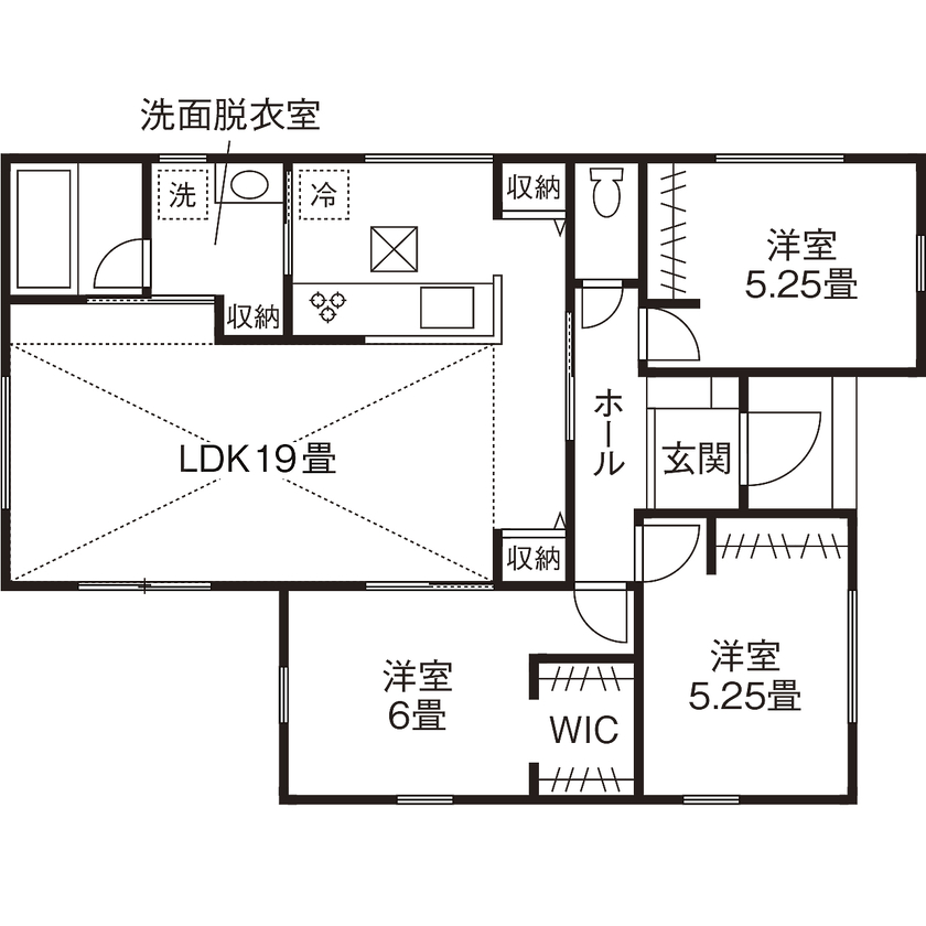 コタエルハウス（山岸工業） 【1000万円台／20坪台／平屋／間取り図】土地探しから安心の家づくりでストレスなく快適な暮らしをゲット！の間取り図（3LDK）1階