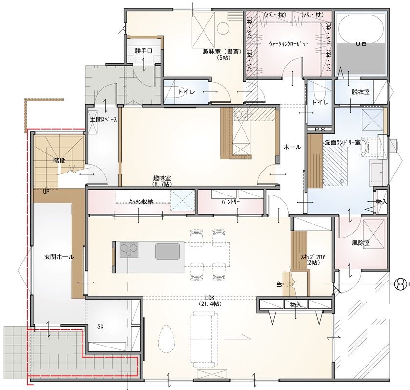 ネクストイノベーション 【山形市/スケルトン階段/吹き抜け】打合せから楽しんだ家づくり。夢を形に表したマイホーム。の間取り図（5K以上）1階