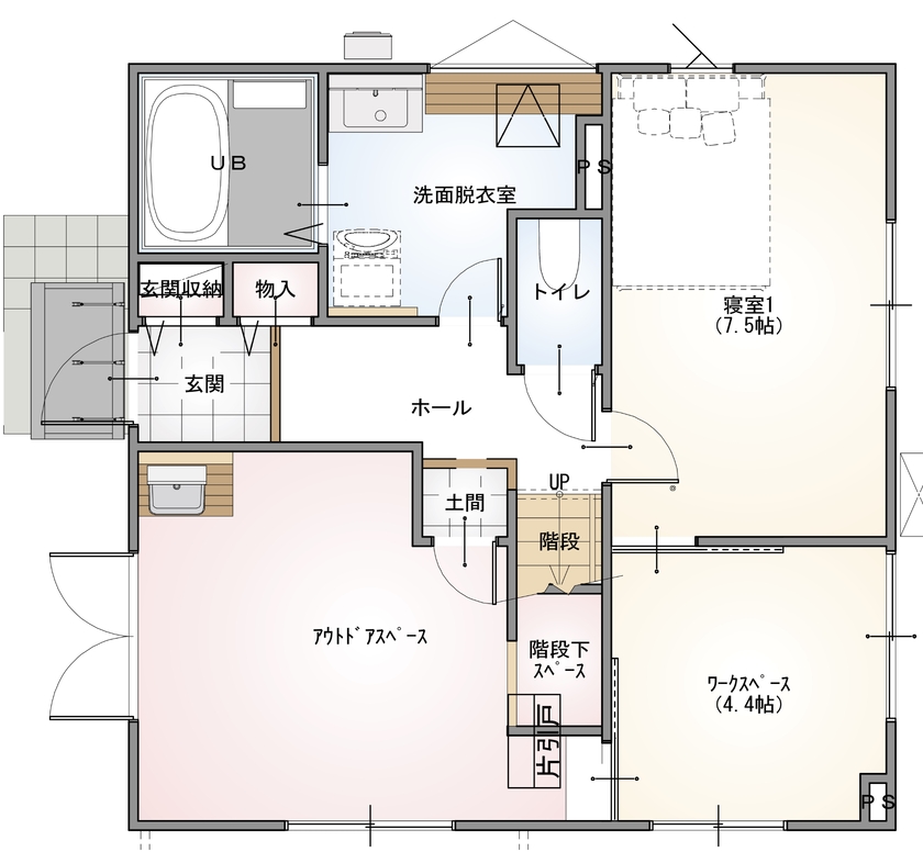 ネクストイノベーション 【山形市/店舗併用住宅/二世帯住宅/アウトドア】祖父母・夫婦・子どもの３世代が心地よく暮らす広々空間の間取り図（4LDK）１階