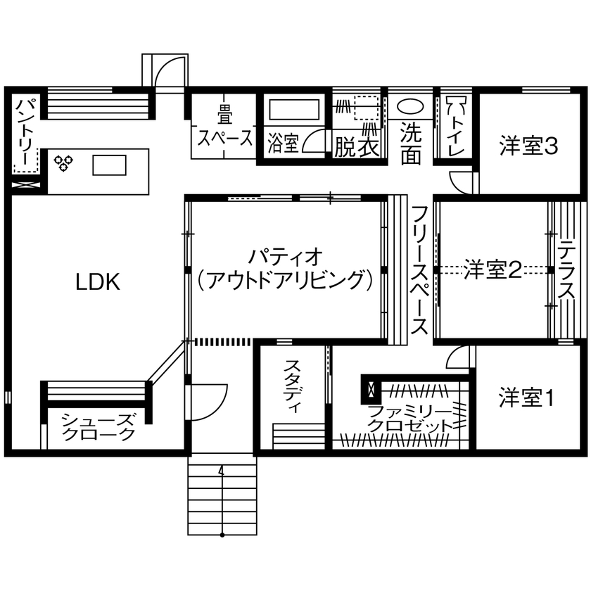 オークデザインハウス（オークス建設） 【2500万円～2999万円】パティオを囲む開放的な平屋。家族4世代が心地よく暮らす、デザイン性と機能が共存の間取り図（3LDK＋DEN）1階