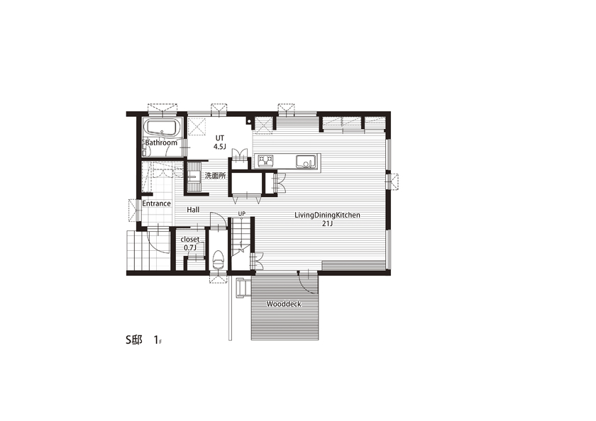 STV興発 【札幌市/3LDK+フリールーム間取図/造作家具】大胆に施したレッドシダー無塗装板の外観が特徴的な住まいの間取り図（３LDK+フリールーム）1階
