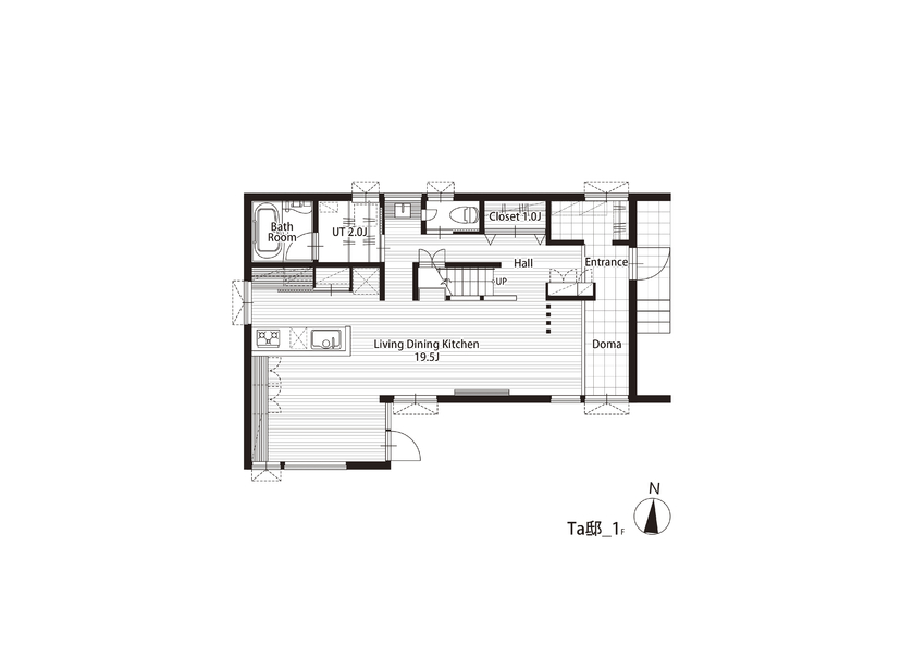STV興発 【札幌市/３LDK+フリールーム間取図/土間/カウンター/無垢材】東西に長い敷地でも日当たり抜群の住まいの間取り図（３LDK＋フリールーム）1階