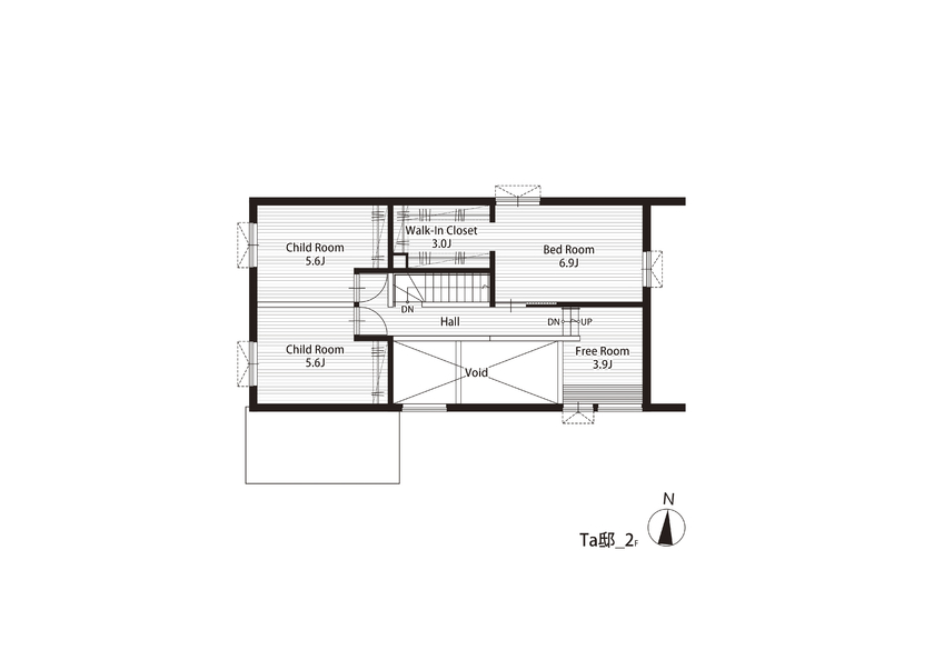 STV興発 【札幌市/３LDK+フリールーム間取図/土間/カウンター/無垢材】東西に長い敷地でも日当たり抜群の住まいの間取り図（３LDK＋フリールーム）2階